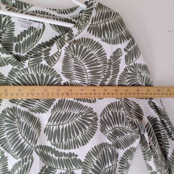 Chico’s Foliage 3/4 Sleeve Perfect Tee Top Sz 3 XL green Leaves - Picture 6 of 8